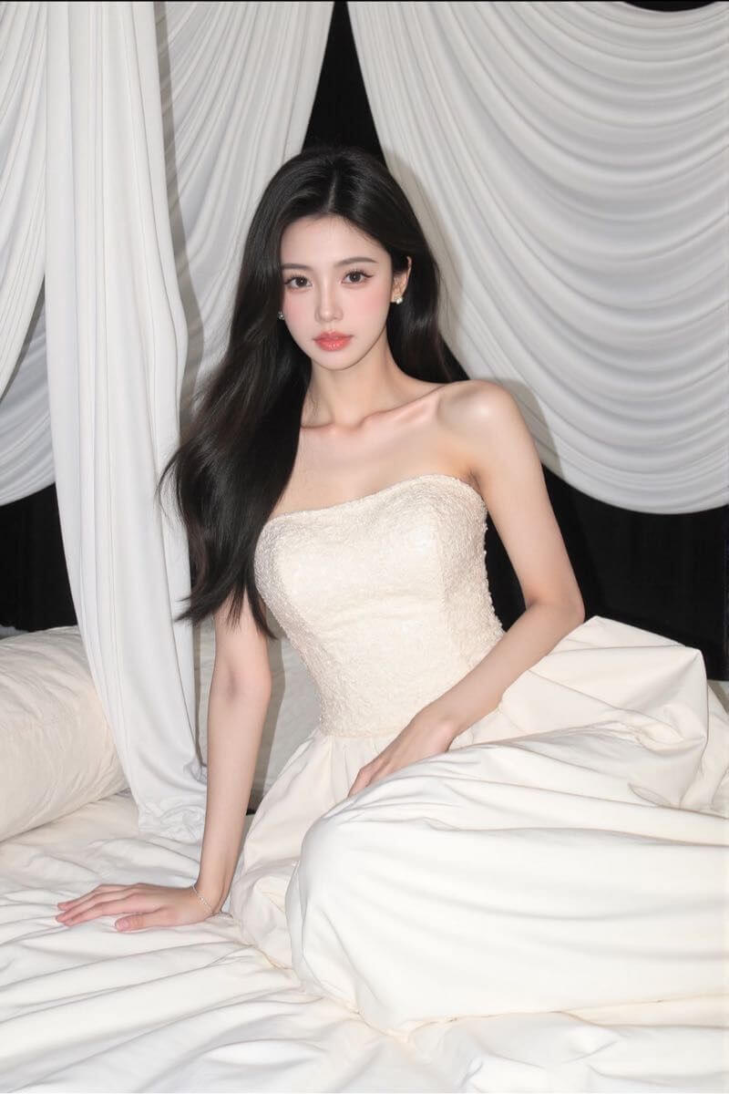 杭州外围模特未颜173cm C杯 白色抹胸床拍侧身写真 无赘肉马甲线